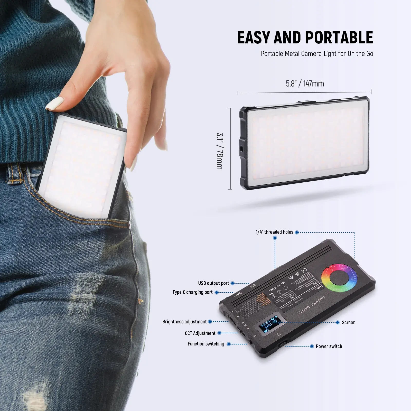 NEEWER SL90C RGB Mini Mobil Video Işığı'nın kutu içeriği ve aksesuarları