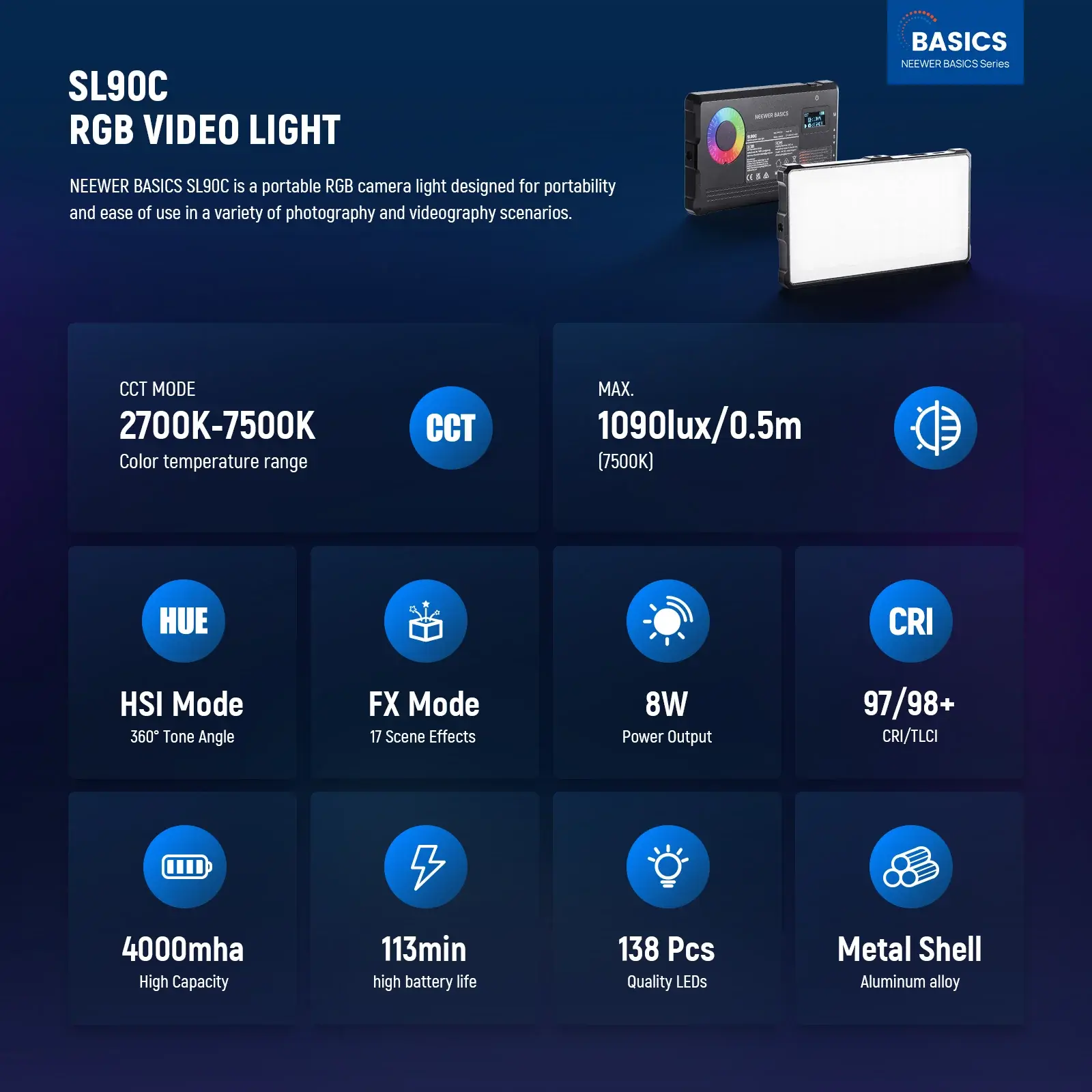 Neewer SL90C'nin kompakt boyutlarını gösteren bir el üzerinde duruşu